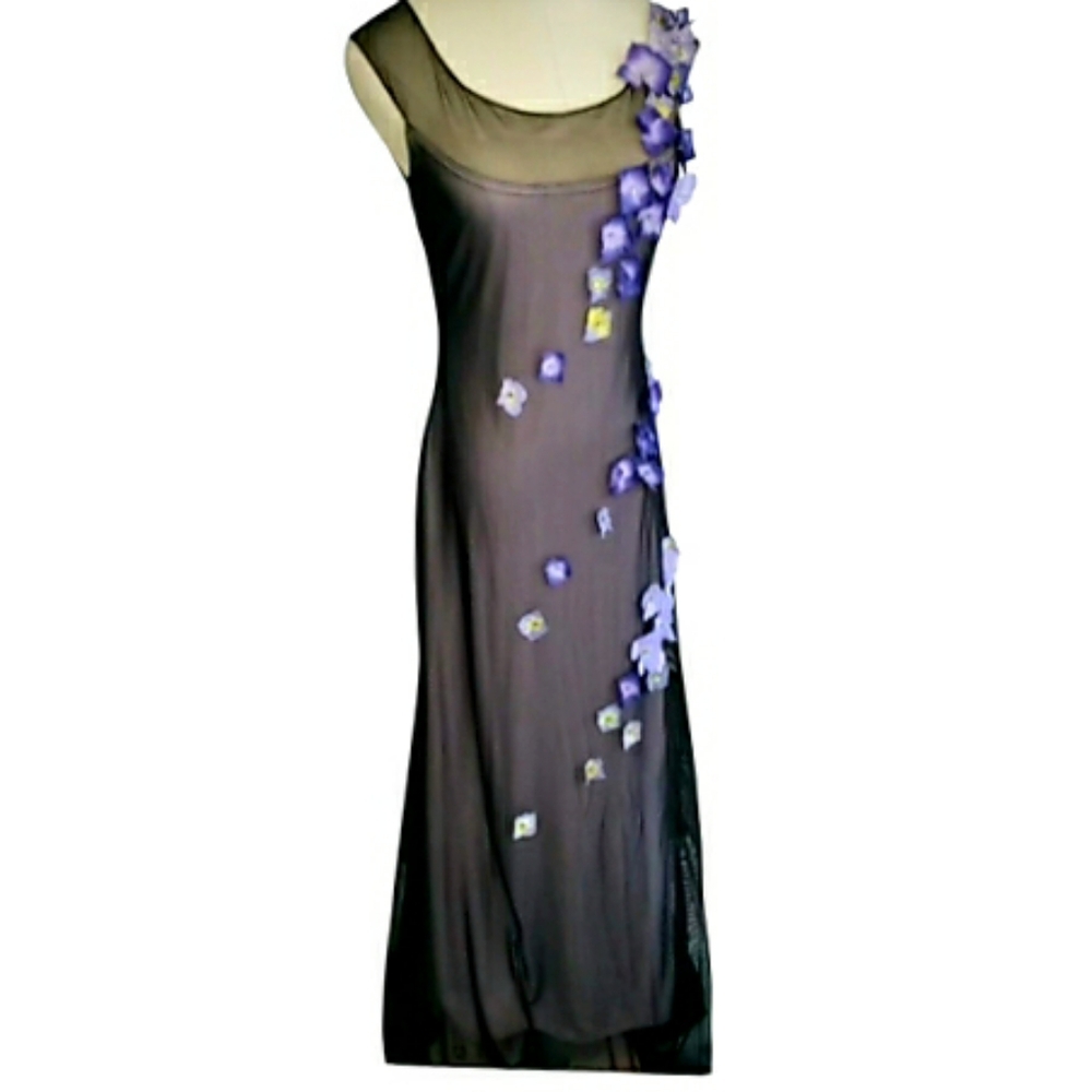 Tadashi X Cache Maxi Dress 90's Y2K Vtg Mesh Applique 3D Pansies Column Whims M